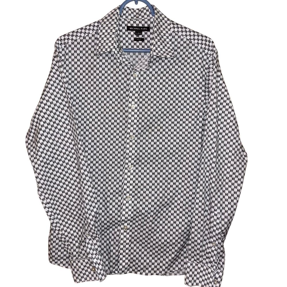 Michael Kors men’s slim-fit all over logo print button down shirt (medium)